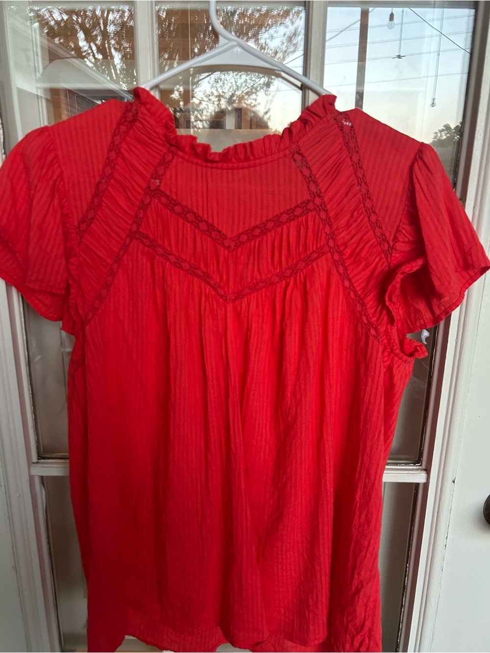 LOFT Bright Red Lace-Yoke Short Sleeve Blouse